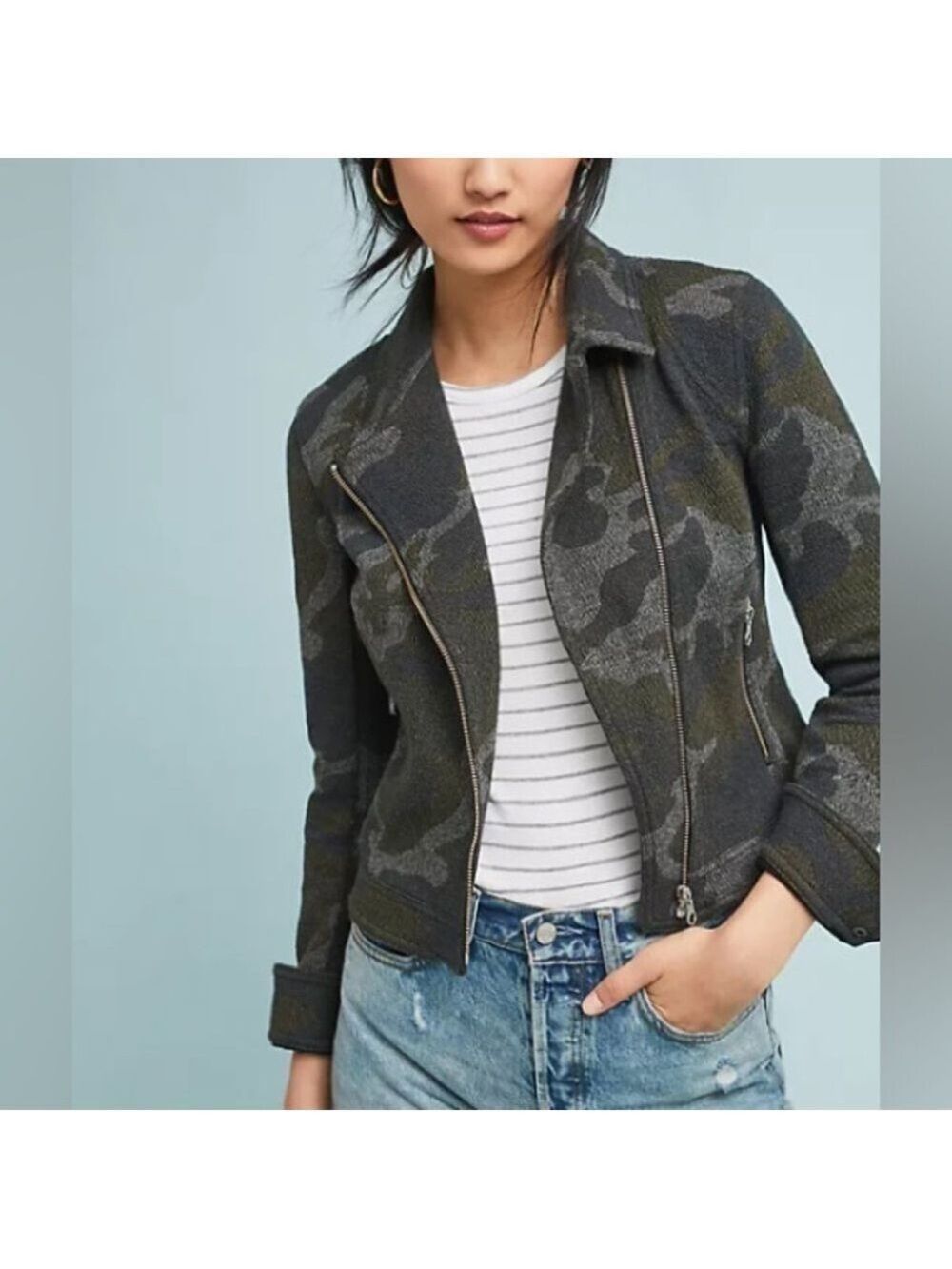 Anthropologie Women’s Robin Camo Print Moto Zip-Up Jacket Assymentrical XS